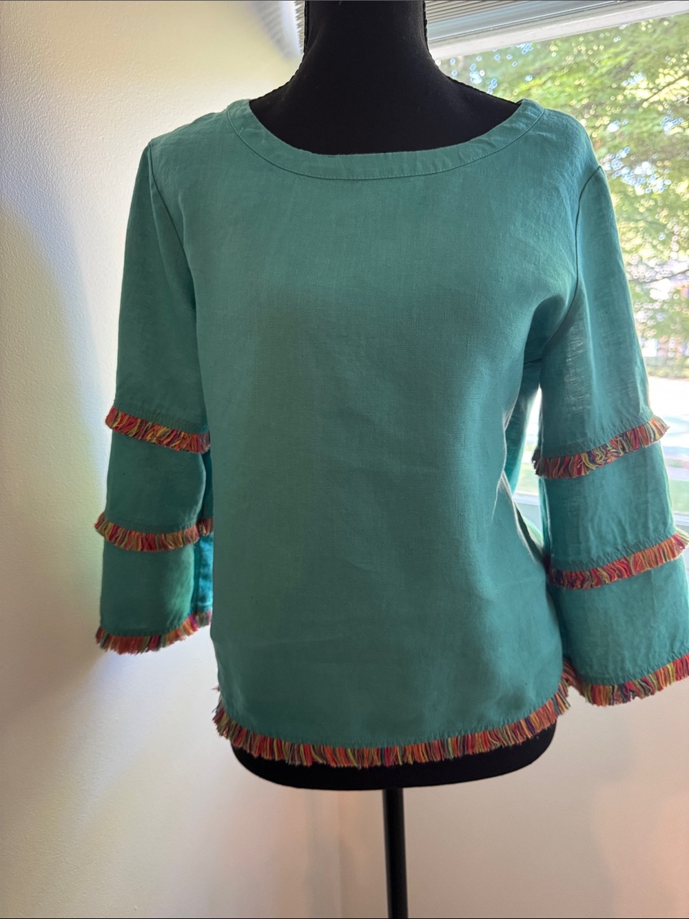 For Cynthia Teal Top with Multicolor Fringe